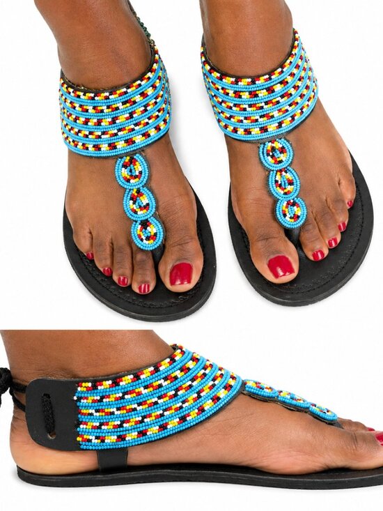 Shoes - Handmade Beaded Leather Sandals | Turquoise Tribal Boho Thong Sandals | Artisan